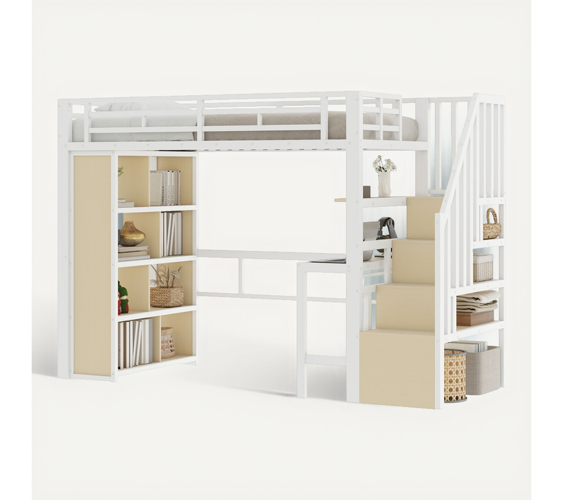 Lit Mezzanine Enfant 90x200 Cm Avec Bureau Intégré, LED, Étagères Bibliothèque, Métal Blanc