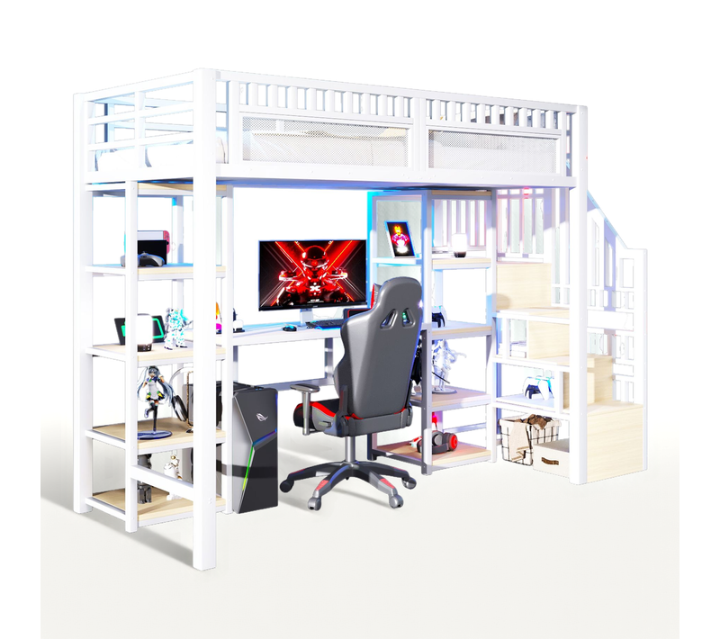 Lit Mezzanine Enfant 90x200 Cm Métal Blanc Avec Bureau, LED Et Ports USB