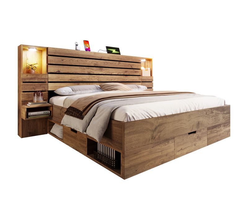 Lit Adulte 160x200 Cm Avec Chevets, LED, Ports USB/type-c, 3 Tiroirs, Bois Chêne