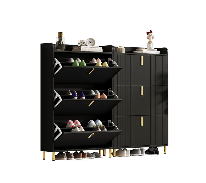 Lot De 2 Meubles à Chaussures Noirs Avec 3 Abattants 80x23x123,5 Cm, Base Métal Doré