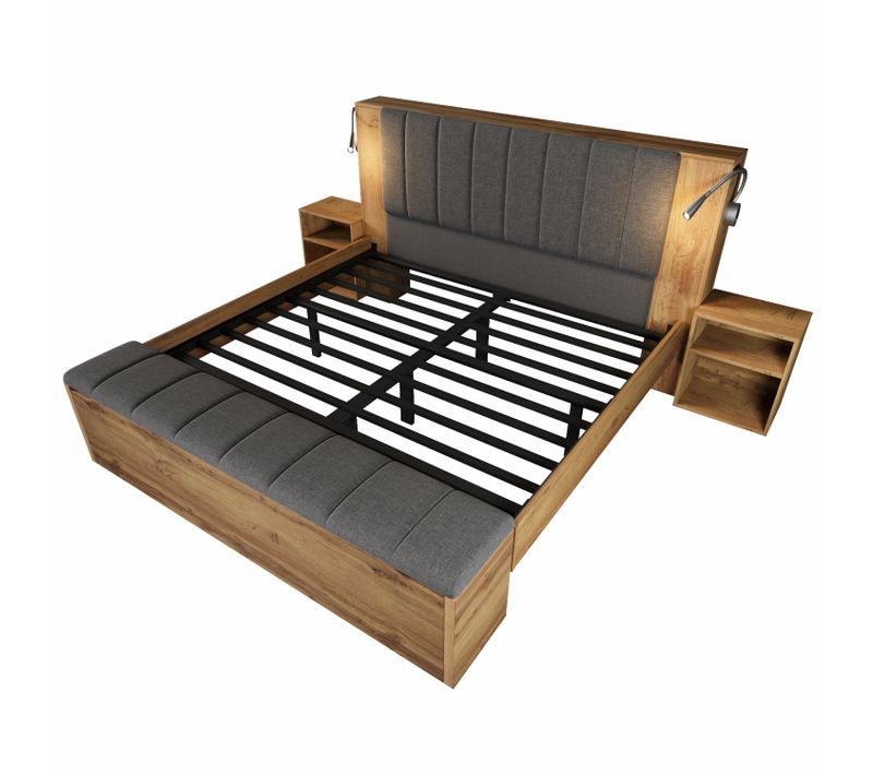 Lit Adulte 160x200 Cm Bois Couleur Chêne Avec 2 Lampes LED, Ports USB, Chevets Et Rangements