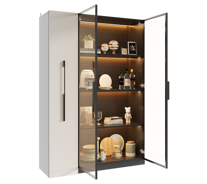 Vitrine LED 160 Cm Noir Avec 2 Porte Vitrée Et Rangement Caché à Vin, Salon Et Salle à Manger