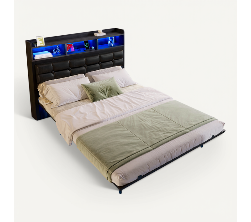 Lit Adulte LED 140x190 Cm, Chevets Coulissants Et Rangements, Ports USB/type-c, Tête Pu Noir