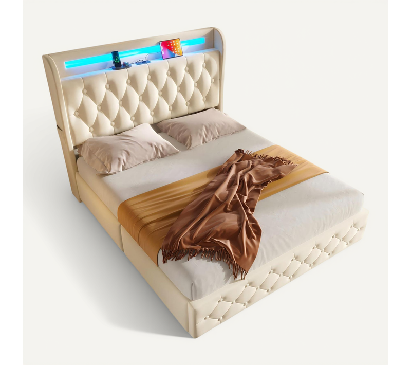 Lit Adulte 140x190 Cm Velours Blanc Avec 4 Tiroirs, LED Et Ports De Charge, Structure Métal