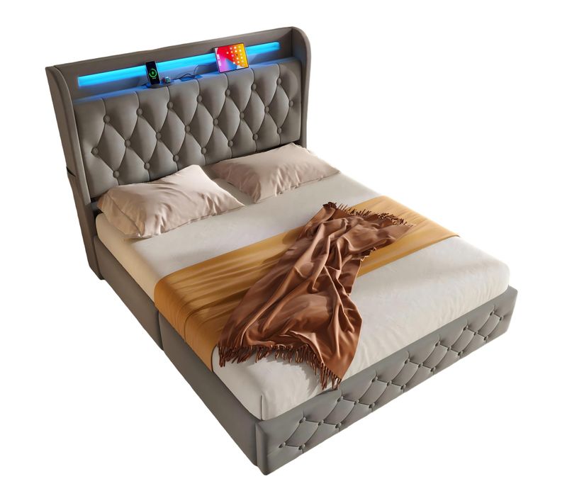 Lit 140x190 Cm 2 Places LED, Ports USB/type-c, Avec 4 Tiroirs De Rangement, Velours Gris Et Métal