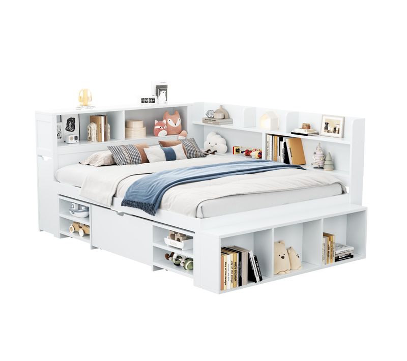 Lit 140x190 Cm 2 Places, Blanc Avec Tiroir Et Étagères, Sommier à Lattes