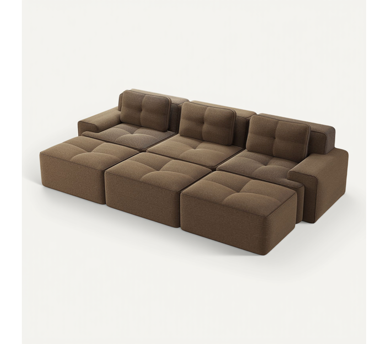 Canapé Modulable 3 Places 293x177x69 Cm En Velours Côtelé Marron, 3 Poufs, 3 Coussins, Sans Montage