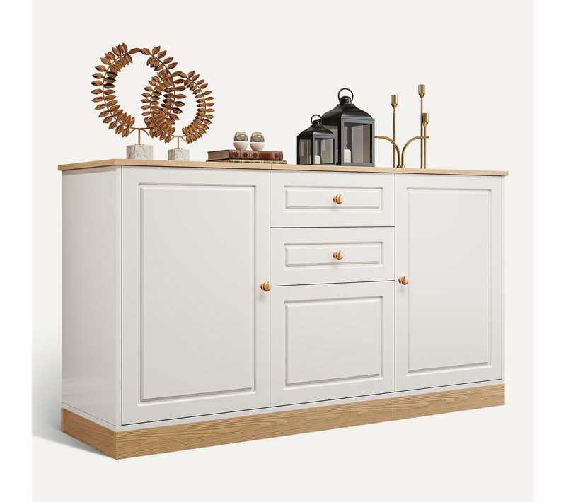Buffet Bois Et Blanc 135.5x39x76 Cm Avec Rangement, 2 Tiroirs Et 3 Portes, Salon Et Entrée