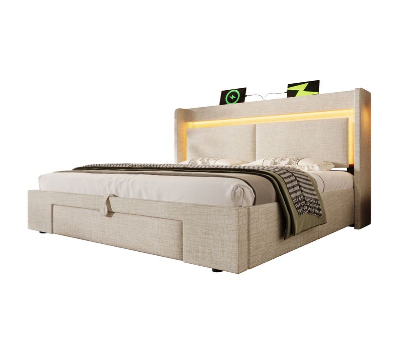 Lit Coffre 160x200 Cm En Lin Beige Avec Tiroir, LED, Ports USB/type-c Et Rangements