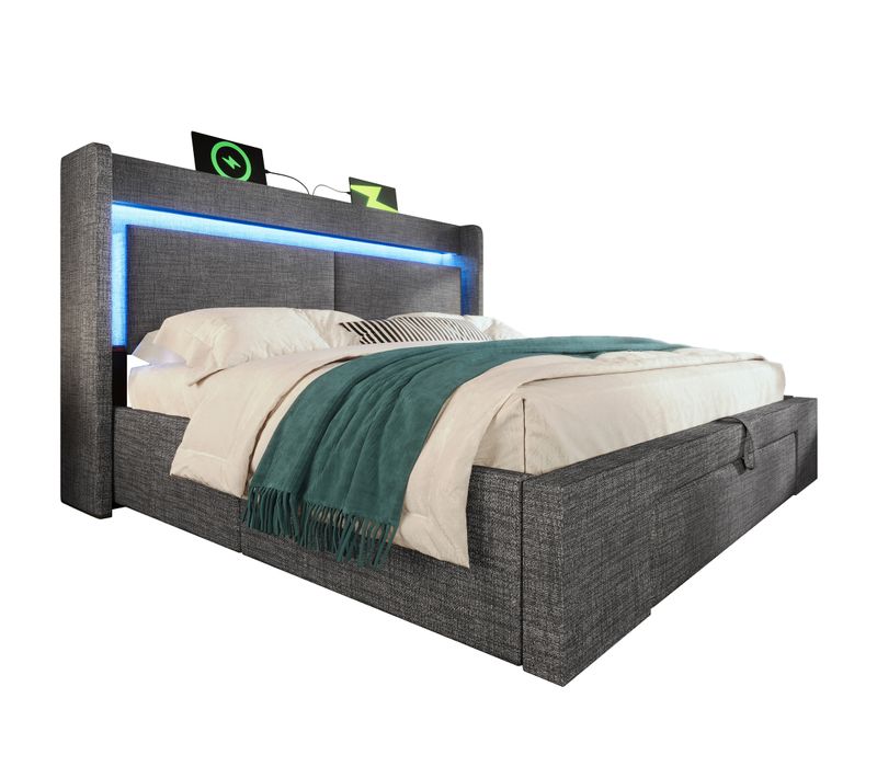 Lit Coffre 140x200 Cm 2 Places En Lin Gris Avec Tiroir, LED Et Ports USB/type-c