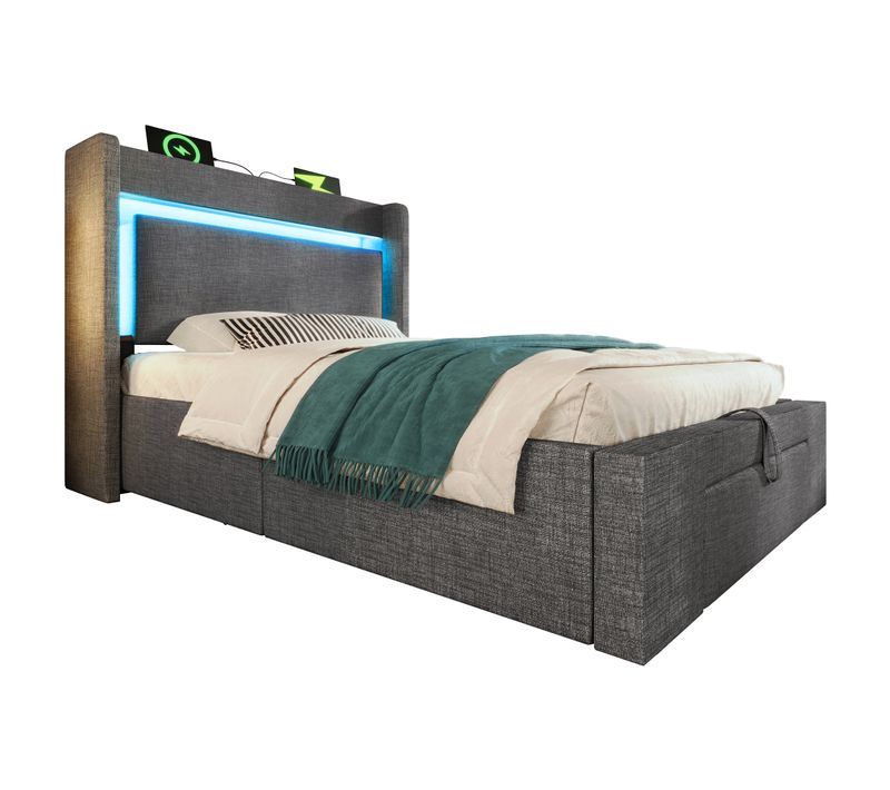 Lit Enfant Coffre 90x200 Cm Lin Gris Avec Tiroir, Rangements, LED Et Ports USB/type-c