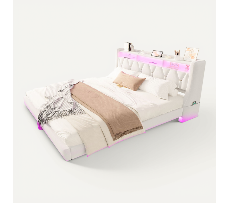 Lit Adulte LED 180x200 Cm Velours Beige Avec LED, Ports USB/type-c Et Rangements