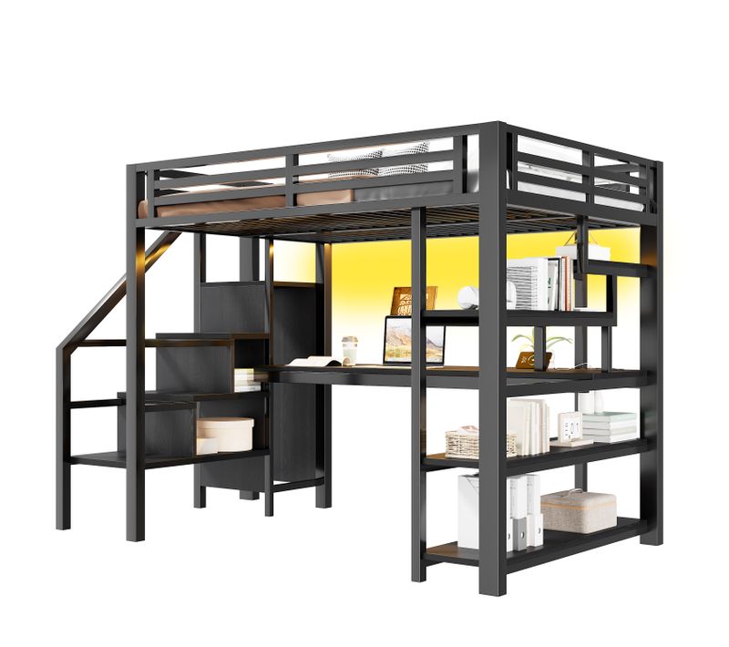 Lit Mezzanine Adulte 140x200 Cm LED, Bureau Intégré, Ports USB, Rangements, Métal Noir