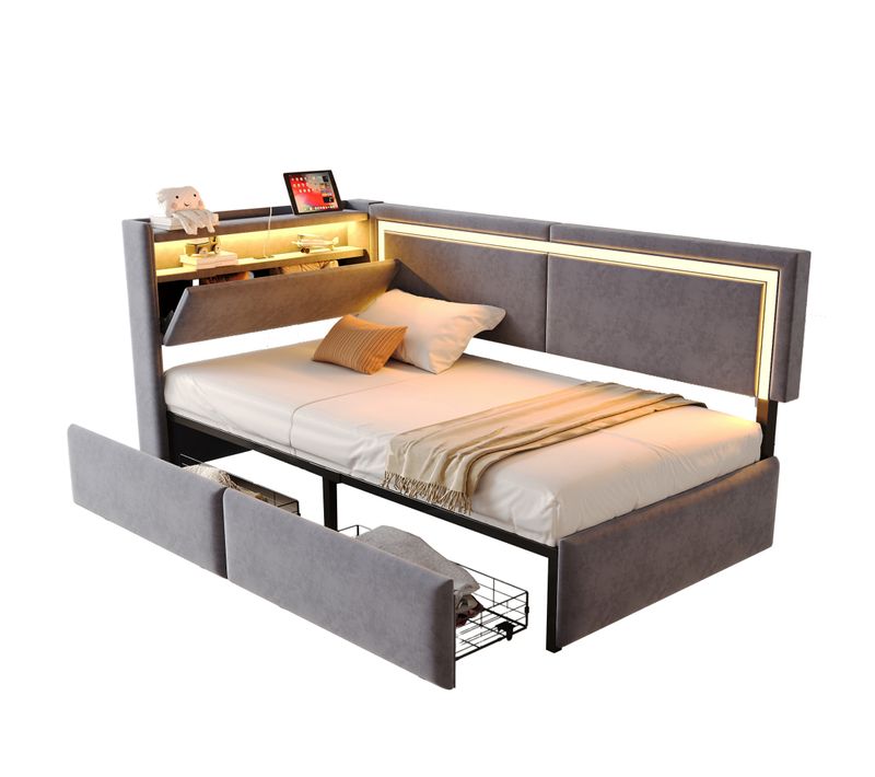 Lit Enfant 90x200 Cm Velours Gris Avec LED, Ports USB Et 2 Tiroirs De Rangement