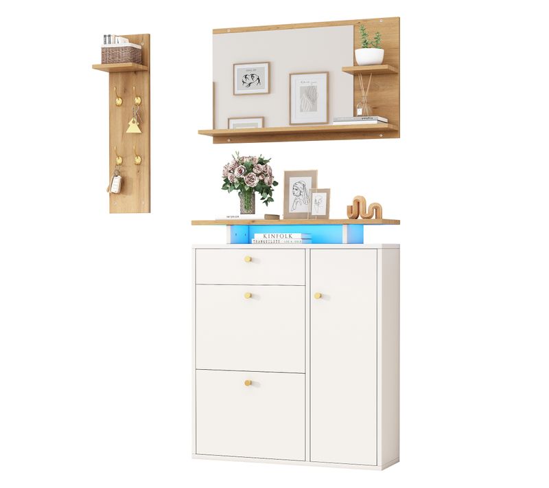 Vestiaire D’entrée Blanc 3 Pièces Avec LED, Miroir, Meuble à Chaussures, Étagères, 4 Crochets