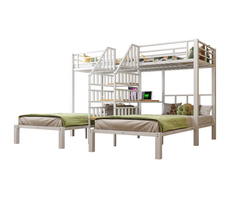 Lit Superposé Enfant 90x200 Cm En Métal Blanc 3 Couchages Avec Bureau, Étagère, LED, USB, Rangement