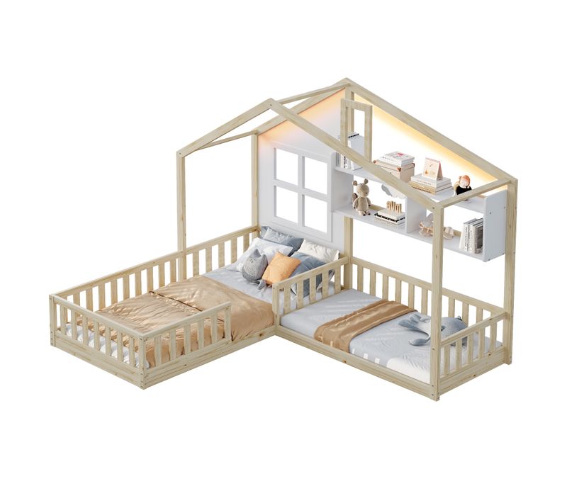 Lit Cabane Enfant LED 90x200 Cm Avec Étagères, Bois Naturel Et Blanc, Sommier à Lattes