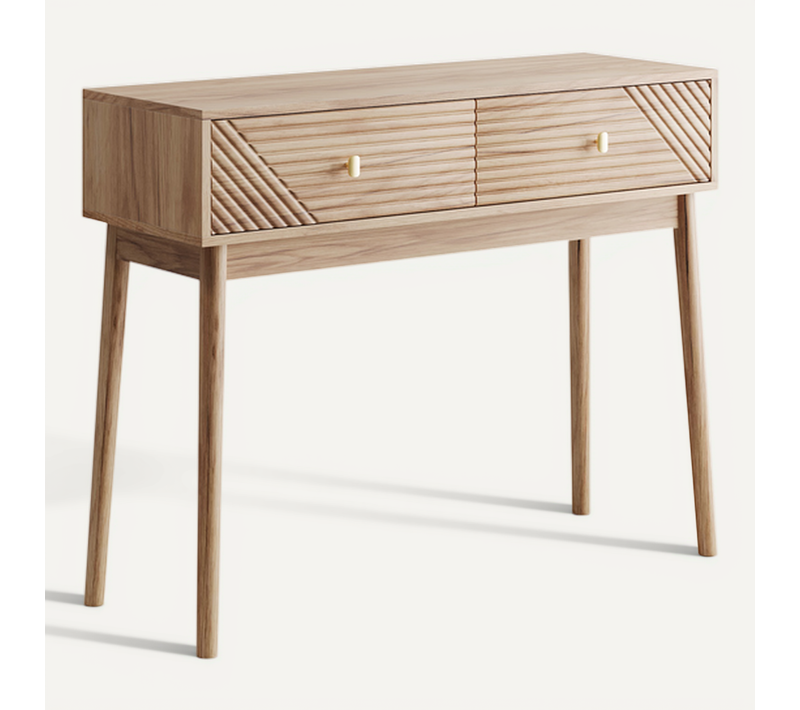Bureau Chambre Vintage Bois Chêne, Table Console Avec 2 Tiroirs Style Mid-century
