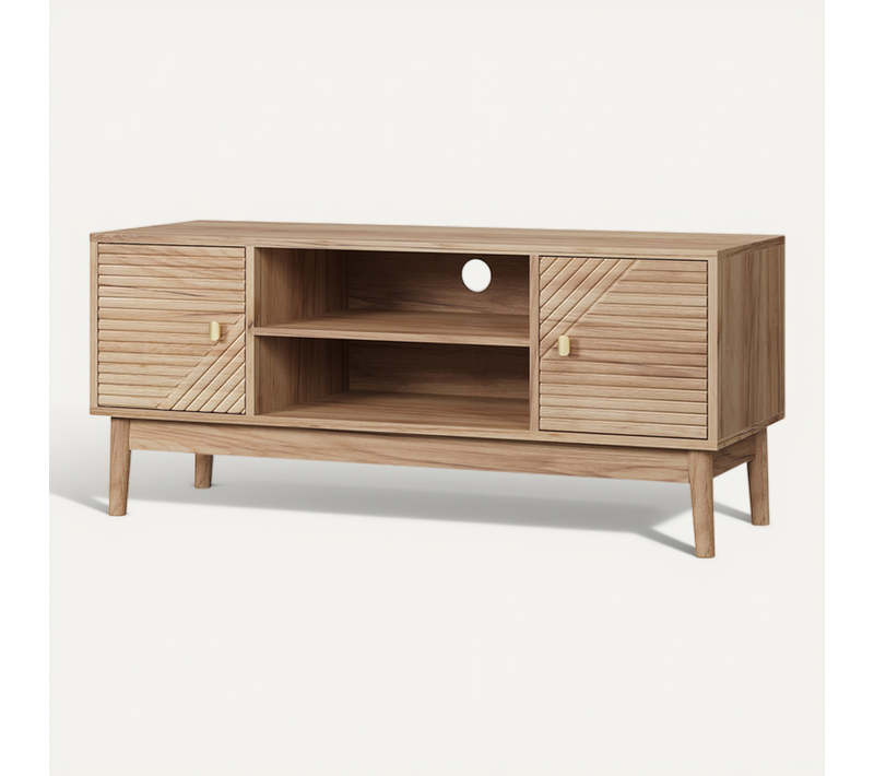 Meuble TV 110x40x48 Cm Coloris Bois Chêne Avec 2 Portes Rangements Style Mid-century