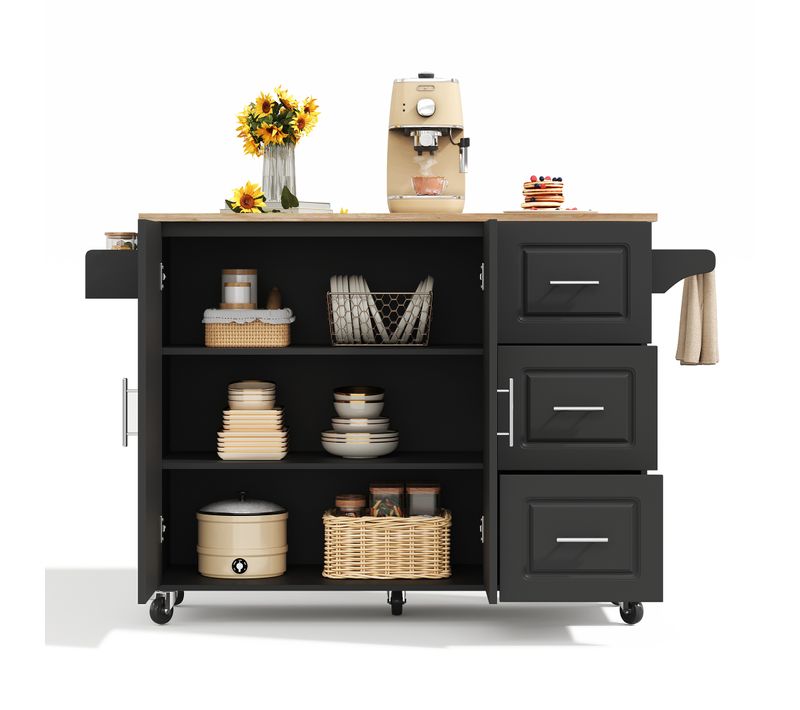 Desserte De Cuisine Pliante 137x43/76x92 Cm Noir Avec Rangements, 3 Tiroirs Et 2 Portes, à Roulettes