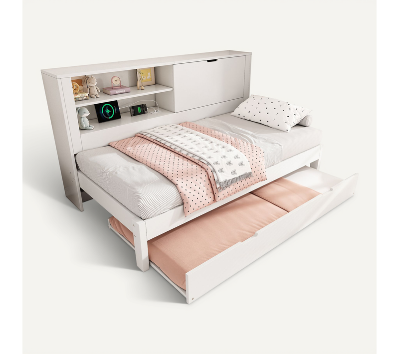 Lit Enfant Gigogne 90x190 Cm Bois Blanc Avec Rangements, Ports USB/type-c, Sommier À Lattes