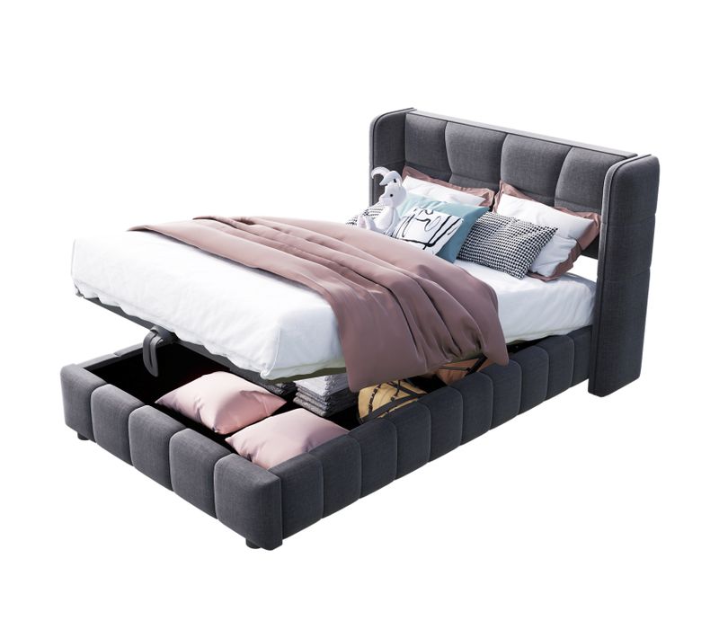 Lit Coffre 90x200 Cm, Lit Enfant En Lin Gris Avec Sommier à Lattes Et Rangement