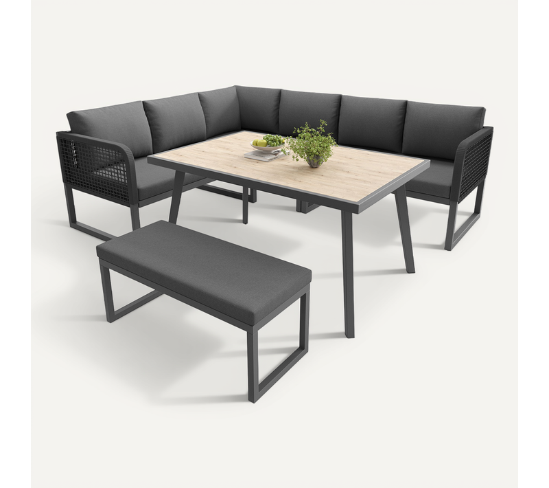 Salon De Jardin Modulable En Rotin Gris Avec Coussins Épais Et Table