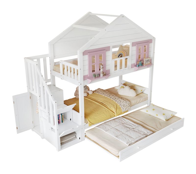 Lit Superposé Enfant 90x200 Cm + Lit Gigogne Avec Rangements, Bois Blanc Et Rose