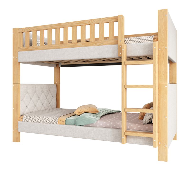 Lit Superposé Enfant 90x200 Cm Avec Escalier Et Barrières De Sécurité, Tissu Gris Et Bois Naturel