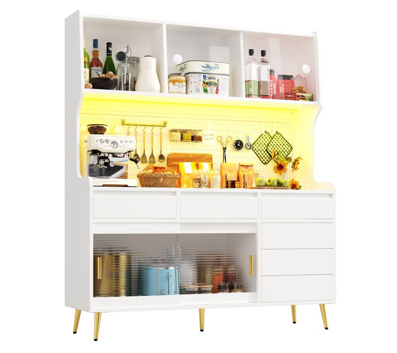 Buffet De Cuisine Haut 145x39x171 Cm Blanc Avec LED, 6 Tiroirs Et Portes Coulissantes