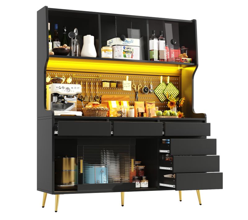 Buffet De Cuisine Haut 145x39x171 Cm Noir Avec LED, 6 Tiroirs Et Portes Coulissantes