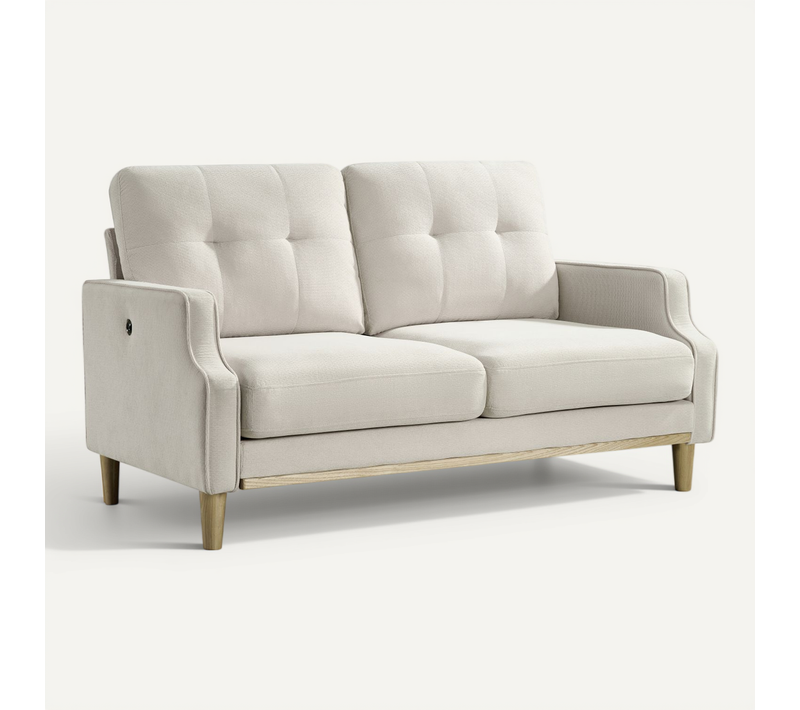 Canapé 2 Places Compact 135 Cm Avec Port USB, Tissu Beige Et Pieds En Bois