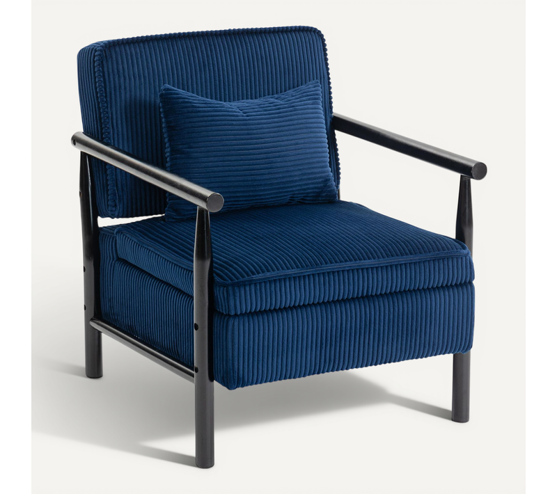 Fauteuil D’appoint Avec Coffre Sous Assise, Rangement, En Velours Bleu, Structure En Bois