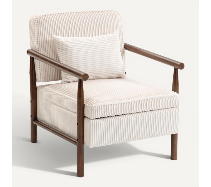 Fauteuil D’appoint Avec Coffre Sous Assise, Rangement, En Velours Blanc, Structure En Bois