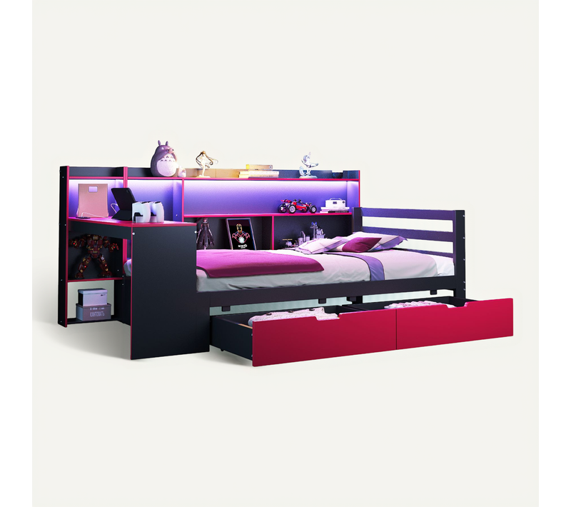 Lit Enfant 90x200 Cm Avec Bureau, LED, USB, 2 Tiroirs, Étagères, Bois Noir Et Rouge