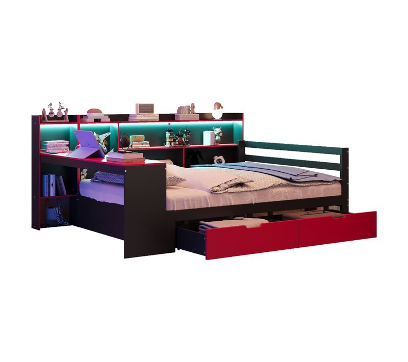 Lit 140x200 Cm 2 Places Avec Bureau, LED, Prises USB, 2 Tiroirs, Bois Noir Et Rouge