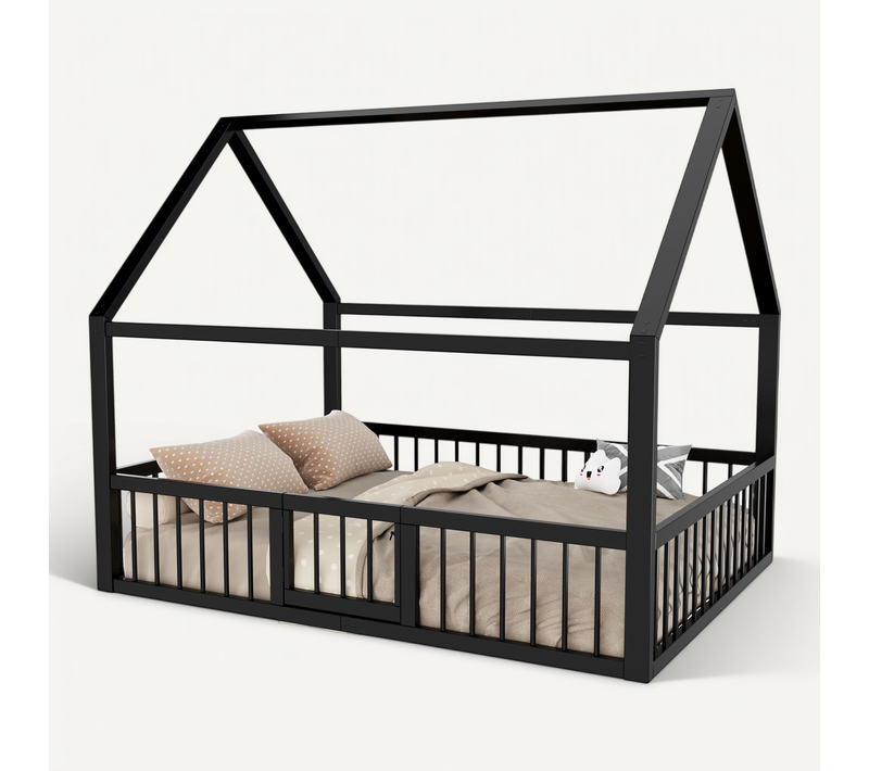 Lit Cabane Enfant 140x200 Cm Avec Barrières, En Métal Noir