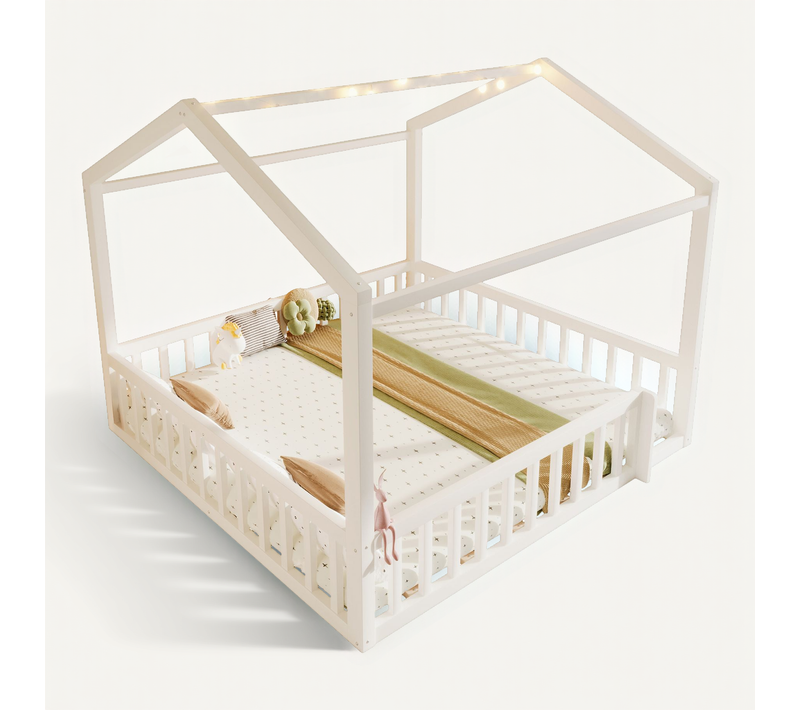Lit Cabane Enfant 90x190 Cm Transformable 180x190 Cm Avec LED Et Barrières En Pin Blanc