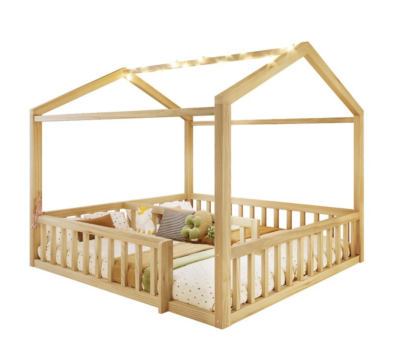 Lit Cabane Enfant 90x190 Cm Transformable 180x190 Cm Avec LED En Pin Naturel