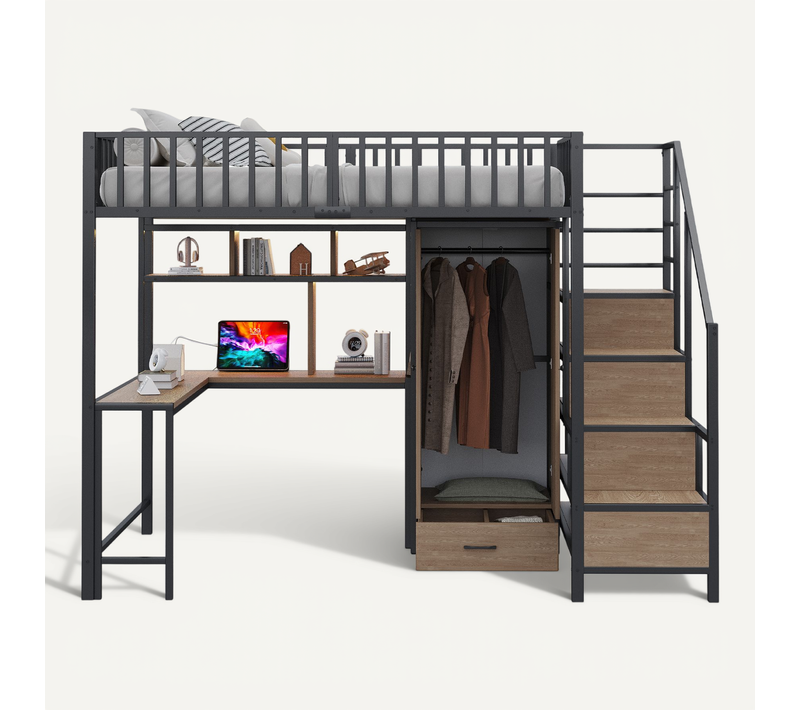 Lit Mezzanine LED 140x200 Cm Métal Noir Avec Bureau, LED, Ports USB/type-c, Armoire