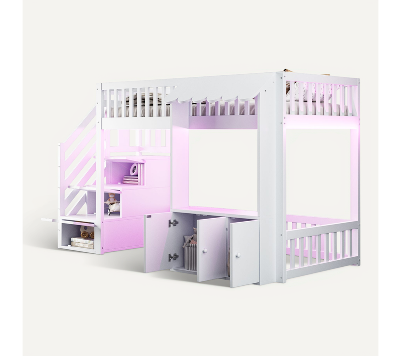 Lit Mezzanine Enfant 90x200 Cm Bois Blanc Avec LED, Rangements Et Placards