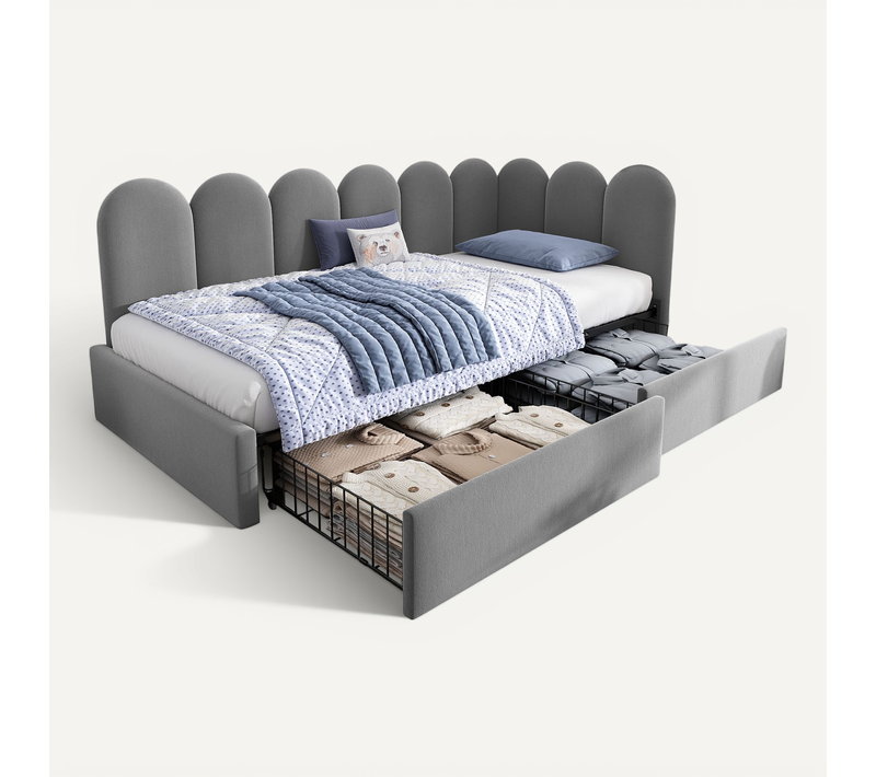 Lit Enfant 90x190 Cm En Velours Gris Avec 2 Tiroirs, Sommier à Lattes