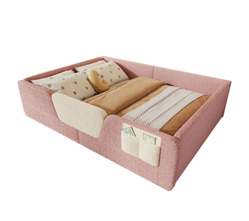 Lit Adulte 140x190 Cm En Velours Rose Avec Barrières Amovibles Et Poche De Rangement