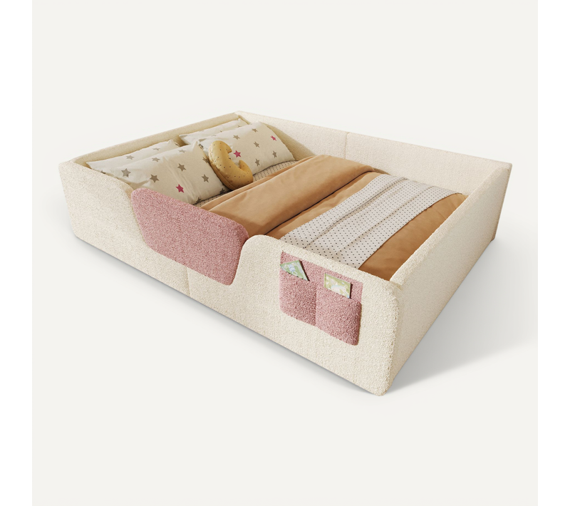 Lit Adulte 140x190 Cm Velours Beige Avec Pochette De Rangement Et Barrières Amovibles