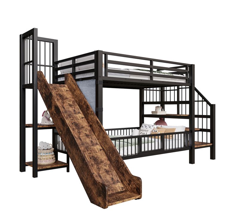 Lit Superposé Enfant 90x200 Cm Avec Toboggan Et Rangements En Métal Noir