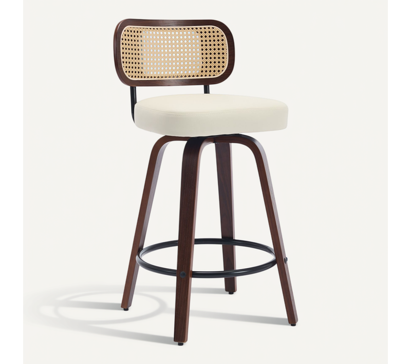 Lot De 3 Tabourets De Bar Pivotants, Pu Beige, Cadre Bois Noyer