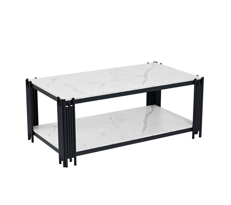 Table Basse Rectangulaire Avec Étagères, Effet Marbre Blanc Et Métal Noir 114x64x46 Cm