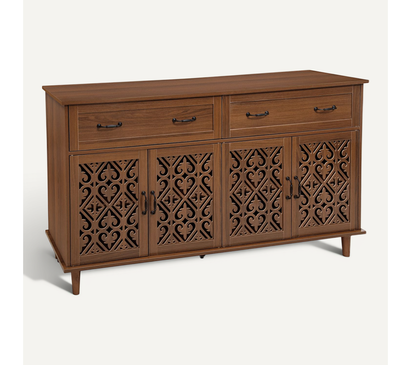 Buffet 150x40x90.5 Cm Noyer Avec étagères Réglables, 4 Portes Et 2 Tiroirs