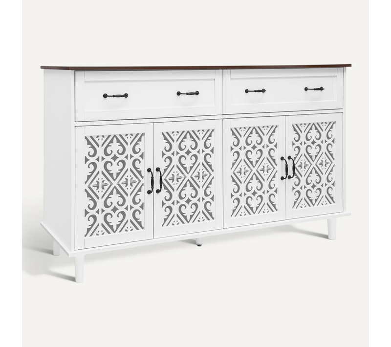 Buffet 150x40x90.5 Cm Blanc Vintage Avec étagères Réglables, 4 Portes Et 2 Tiroirs