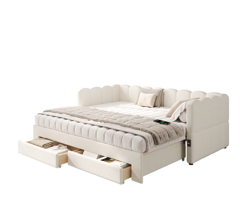 Lit Enfant Gigogne 90/180x190 Cm Extensible Lin Beige Avec 2 Tiroirs, Ports USB/type-c